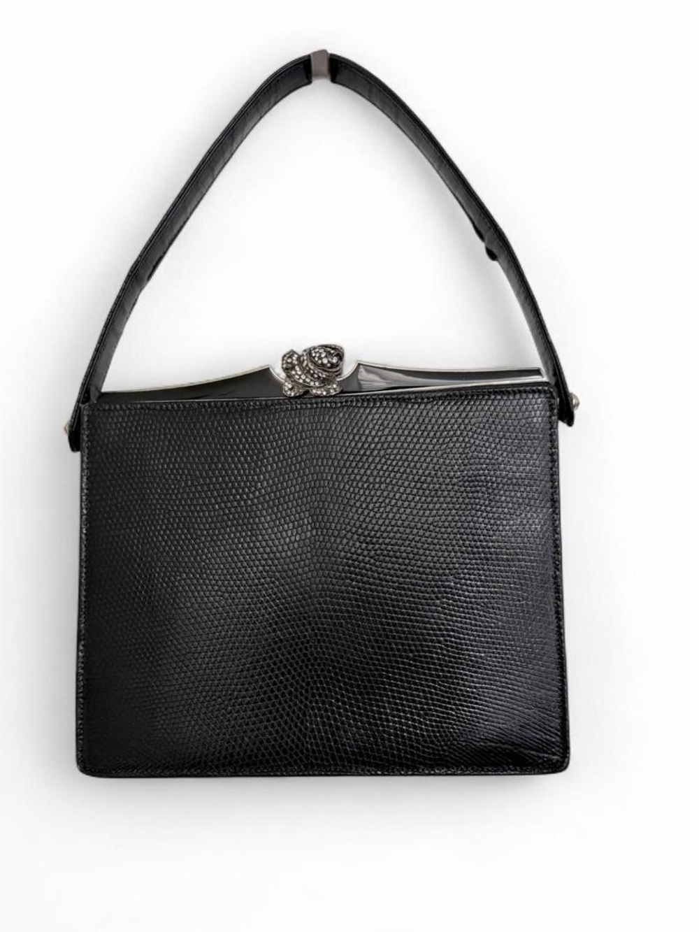 Vintage Lizard Koret Frame Bag — Made in France — Rhinestone Rose Clasp